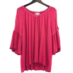 Westport Cold Shoulder Top Womens XL Hot Pink Bell Sleeve Boho Lace Hippie